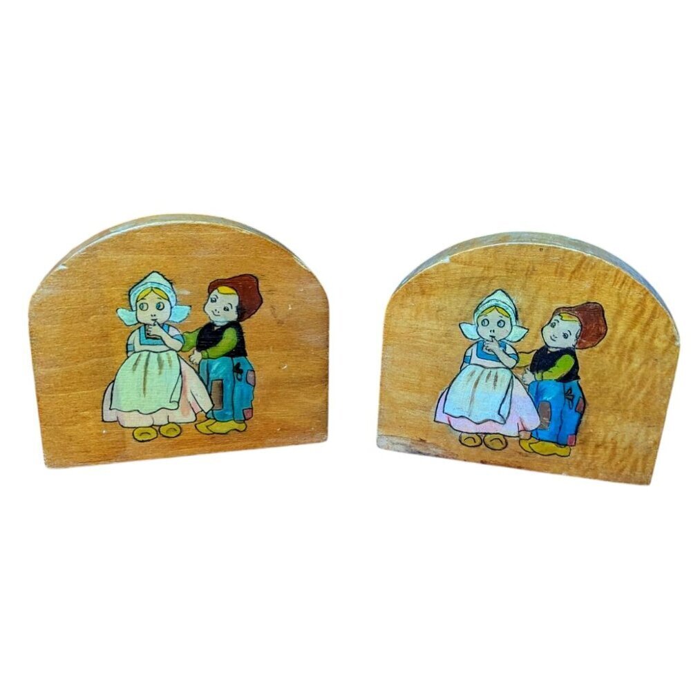 Vintage‎ Bookends Dutch Wood Folk Art MCM Toll Paint Netherlands Metal Holland